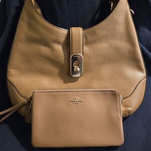 Coach Tan Leather Shoulder Bag and Wristlet Set